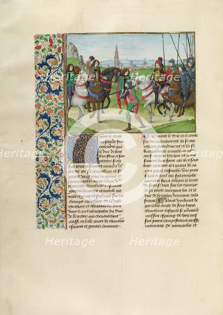 Gaston Phébus, Count of Foix, with his Retinue, c1370s; Chroniques (Book Three), about 1480-1483. Creator: Master of the Getty Froissart.