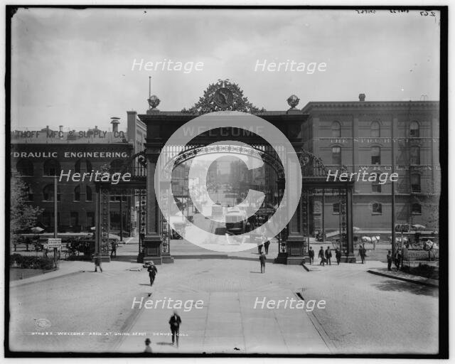 Welcome arch at Union Depot, Denver, Colo., c1908. Creator: Unknown.