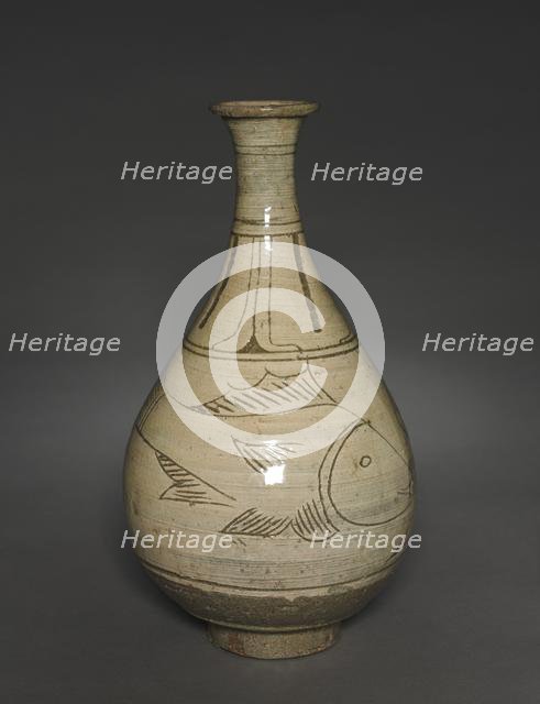 Bottle with Incised and Sgraffito Fish Design, 1400s-1500s. Creator: Unknown.