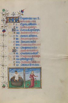 Calendar Page for September: Making Wine: Libra; Book of Hours, about 1450-1455. Creator: Master of the Lee Hours.