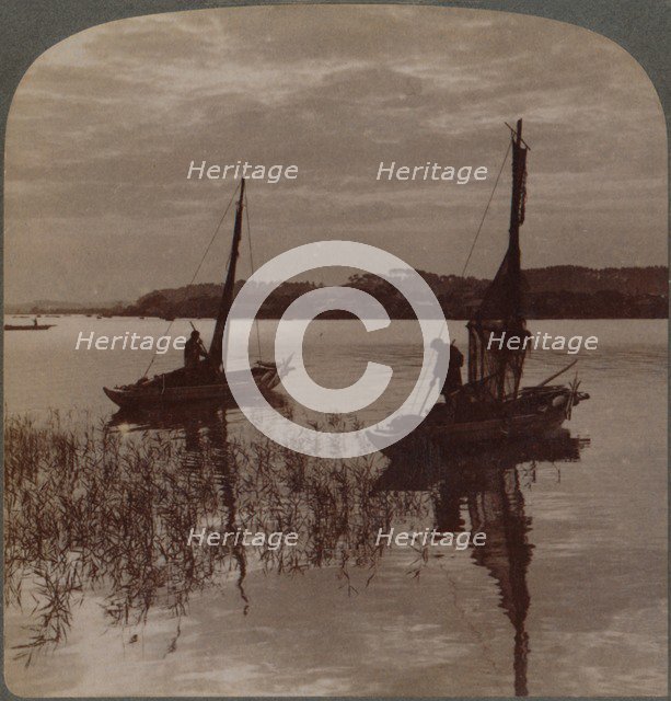 'Fishing boats at sunset across Tamagawa to Kawasaki, near Yokohama, Japan', 1904 Artist: Unknown.