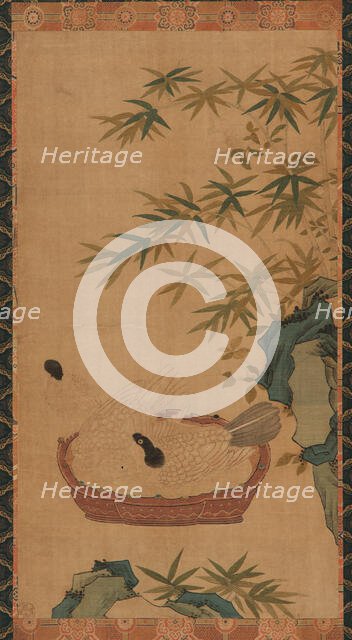 Tapestry: doves bathing in a bowl; rocks and bamboos, Possibly Ming dynasty, 1368-1644. Creator: Unknown.