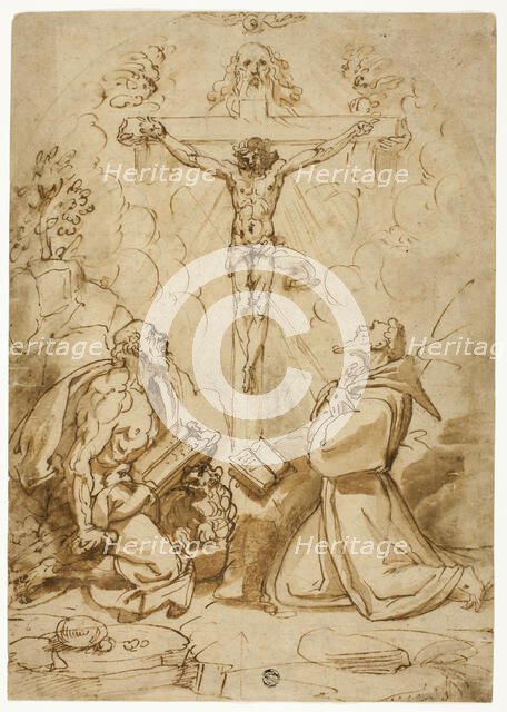 Saints Jerome and Francis of Assisi Adoring the Trinity, c.1570. Creator: Bartolomeo Passarotti.