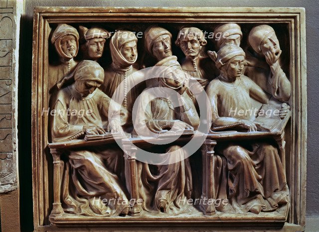 Tomb of Giovanni da Legano. 'Students reading', bas-relief made in 1386 by J della Masegne.