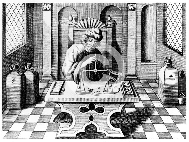 Assayer testing samples of gold and silver, 1683. Artist: Unknown