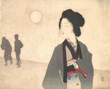 Young Woman Looks at Silhouette of a Male Prisoner being Led Away, early 20th century. Creator: Tomioka Eisen.