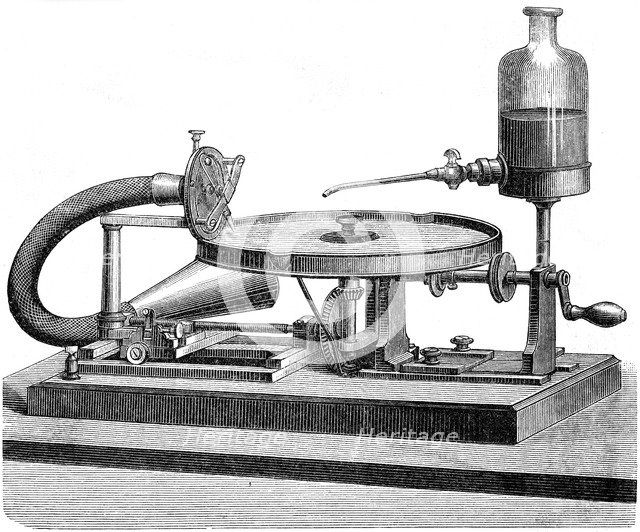Sound Recording Disc Electricity Motor Battery Liquid, c1880. Artist: Unknown