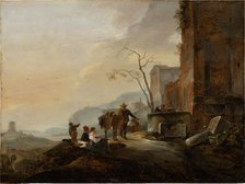 Italian Landscape with Figures at a Fountain among Antique Ruins, c1645-1650. Creator: Thomas Wijck.