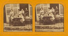 Three children playing at being grown-up; women watching, 1855-1860. Creator: Unknown.