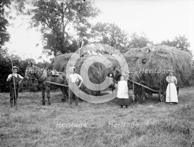 Agricultural workers pose next to loaded hay waggons near Hellidon, Northamptonshire, c1873-c1923. Artist: Alfred Newton & Sons