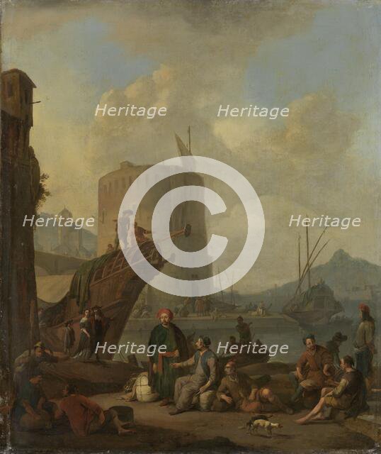 Italian Harbor with a Fortified Tower, 1664. Creator: Johannes Lingelbach.