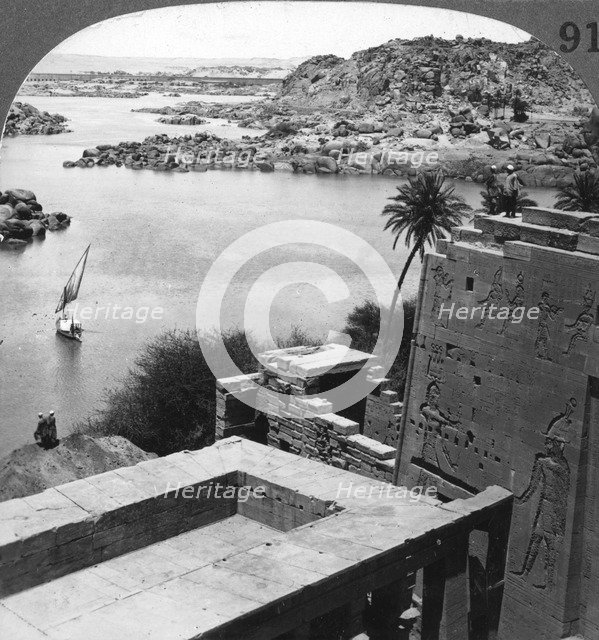 The Aswan dam as seen from the Philae temple, Egypt, 1905.Artist: Underwood & Underwood