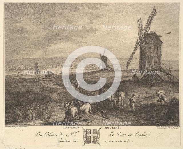 The Three Windmills (Les Trois Moulins) after a painting in the collection of the Duc de P..., 1772. Creators: Balthasar Anton Dunker, Jacques Philippe Le Bas.