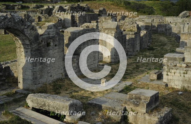 Partial view of the amphitheater ruins, ancient city of Salona, Solin, Croatia, 2018.  Creator: Unknown.