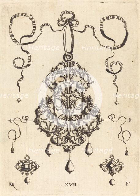 Strapwork Pendant with Two Square Tablestonesas Earrings at Left and Right. Creator: Daniel Mignot.