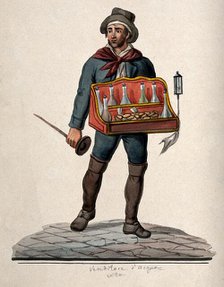 A street vendor of brandy is carrying a tray with bottles and glasses in it, 1800-1899. Creator: Unknown.