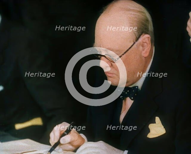 Winston Churchill Signing an Agreement Allowing the USA to use British Naval Bases in..., 1941. Creator: British Pathe Ltd.