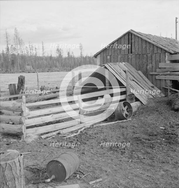Farm buildings, slab construction, on new stump farm. Boundary County, Idaho, 1939. Creator: Dorothea Lange.