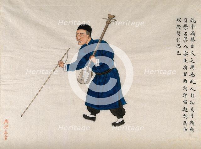 A blind musician carrying a shamisen (?) and walking with the aid of a cane, 1890. Creator: Pei Qun Zhou.