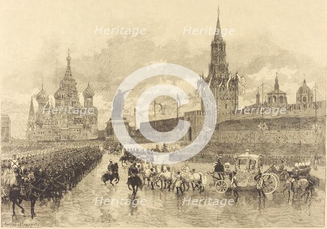 Le Couronnement du Tzar. Le Cortège imperiale traverse la Place Royale, 1883. Creator: Auguste Lepere.