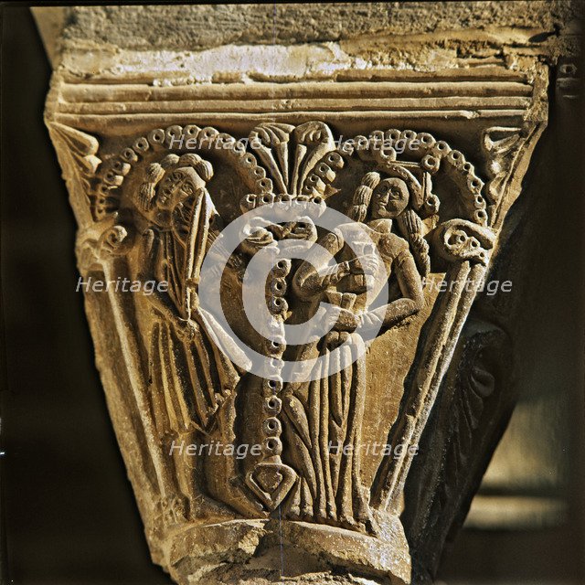 Musicians playing the rebec, figures in a capital of the cloister of the Monastery of Santa Maria…