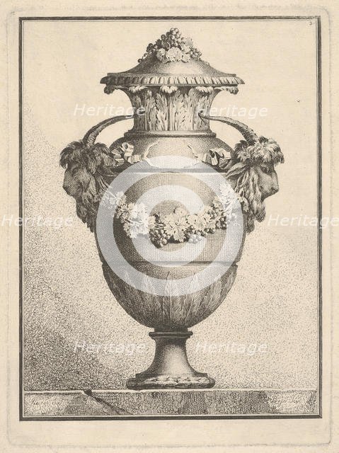 Design for a covered vase with two goat heads and a garland, 1764. Creator: Bossi.