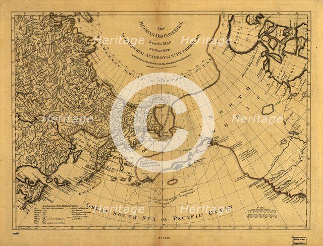 The Russian discoveries from the map published by the Imperial Academy of St. Petersburg, 1775. Creator: Unknown.