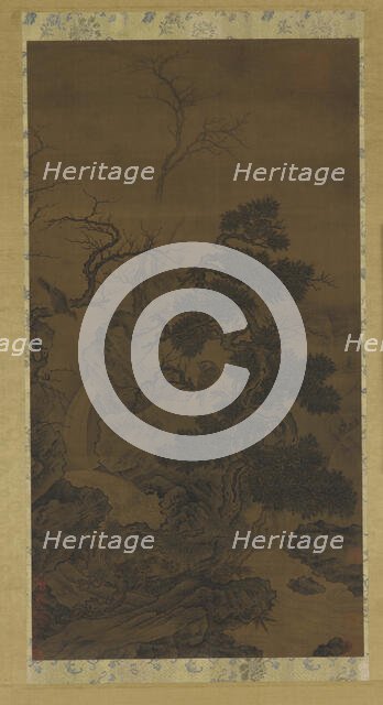 Rocks, trees, brook, and hawks, 14th century. Creator: Unknown.