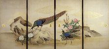 Peacock and Peahen with Chick and Peonies, c1840-50. Creator: Mori Ippô.