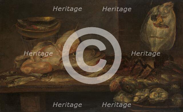 Still Life with Fish and a Lobster and Oysters on a Table nearby, 1660. Creator: Alexander Adriaenssen.