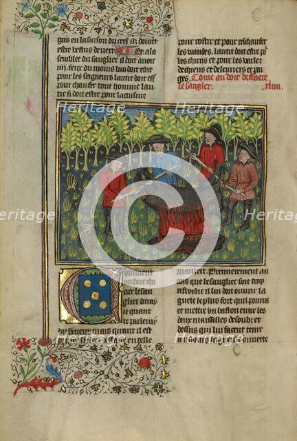 Hunters Dismembering a Boar's Carcass; Hunters Roasting a Dismembered Boar's..., about 1430-1440. Creator: Unknown.