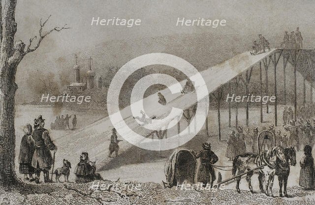 Roller coaster - ice slides, Russia, 1839. Creator: Augustin François Lemaitre.