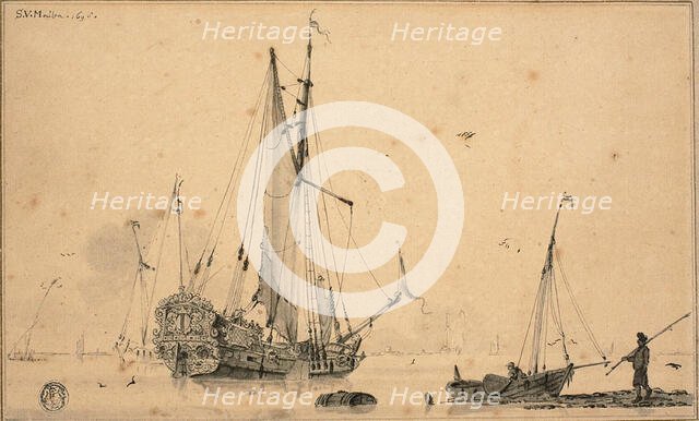 Harbor Scene with Ships and Fisherman, 1698. Creator: Sieuwert van der Meulen.