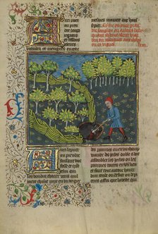 A Hunter Wounding a Wild Boar Caught in a Pit; Livre de la Chasse, about 1430-1440. Creator: Unknown.