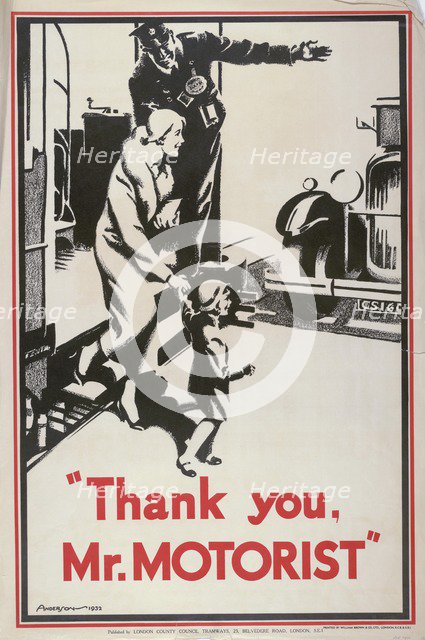 'Thank You Mr Motorist', London County Council (LCC) Tramways poster, 1932. Artist: JS Anderson