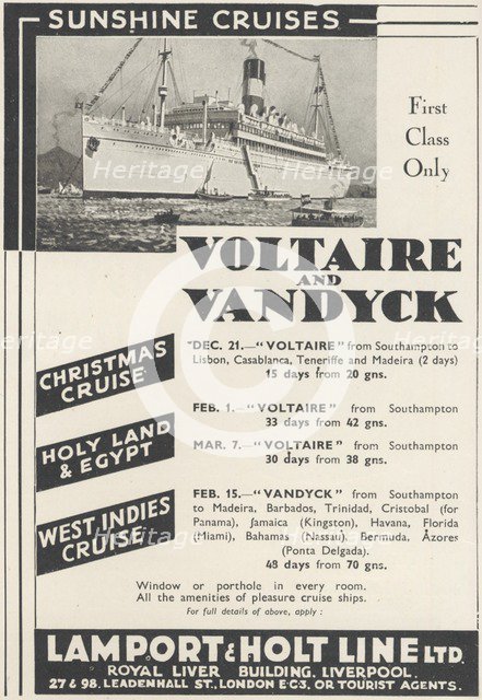 Lamport & Holt Line sunshine tours, 1935. Artist: Unknown