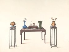 Large Table and Two Small Higher Ones with Vases, 19th century. Creator: Anon.