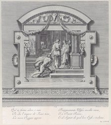 Plate 27: Ulysses received by Alcinous king of Phoeacia and his Queen Areta after his ship..., 1756. Creators: Bartolomeo Crivellari, Gabriel Söderling.