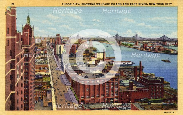 Tudor City, showing Welfare Island and East River, New York City, New York, USA, 1933. Artist: Unknown
