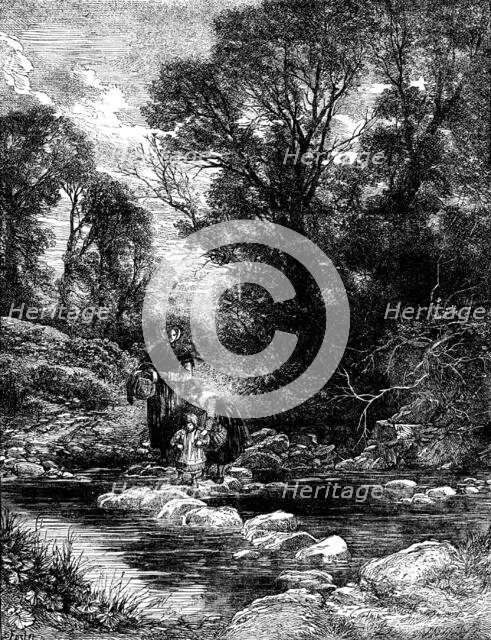 Birkett Foster's "Pictures of English Landscape": the Stepping-stones, 1862. Creator: Dalziel Brothers.