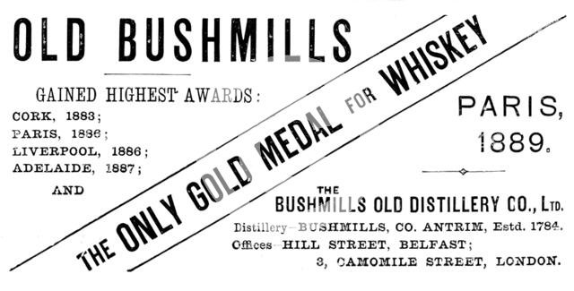 Advertisement for Old Bushmills Whiskey, 1890. Creator: Unknown.