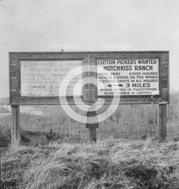 Employment signs in Spanish and English, near Fresno, California, 1933. Creator: Dorothea Lange.
