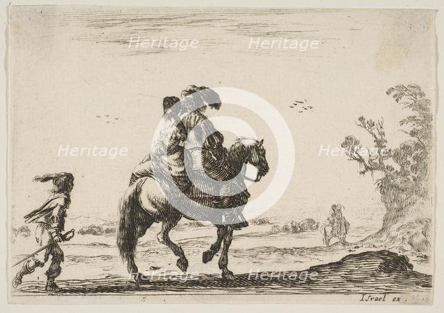 Plate 10: a horseman and a woman, seen from behind, riding towards the right with a young ..., 1642. Creator: Stefano della Bella.