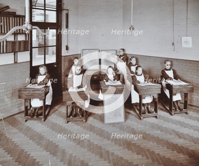 Geography lesson at Elm Lodge Residential School for Elder Blind Girls, London, 1908. Artist: Unknown.