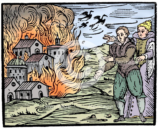 Witches destroying a house by fire  - Swabia, 1533. Artist: Unknown.