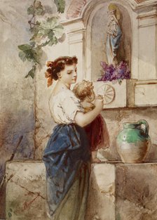 Young Woman with Baby Beside Wall, 19th century. Creator: Edouard de Beaumont.
