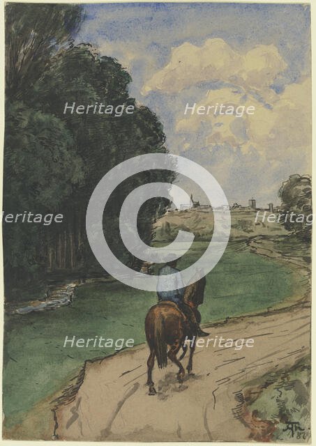 At the edge of the forest. Horseman on a path, facing into the picture, 1887. Creator: Hans Thoma.