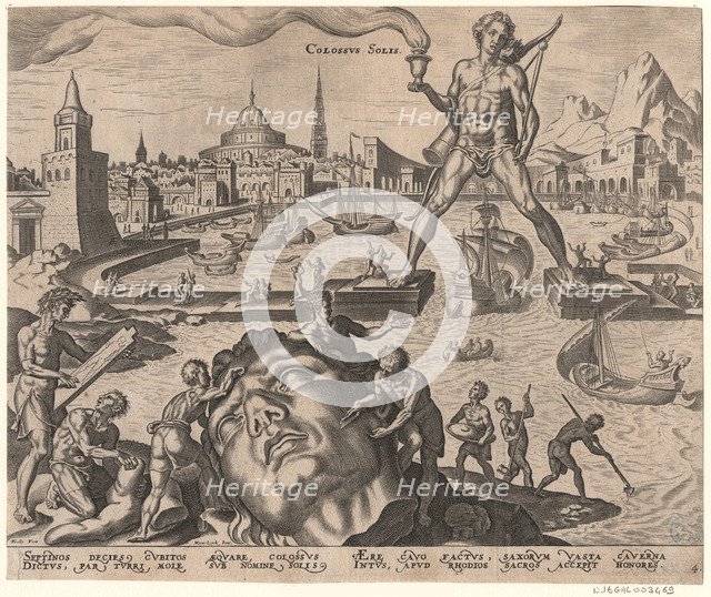 The Colossus of Rhodes (from the series The Eighth Wonders of the World) After Maarten van Heemskerck, 1572. Artist: Galle, Philipp (1537-1612)