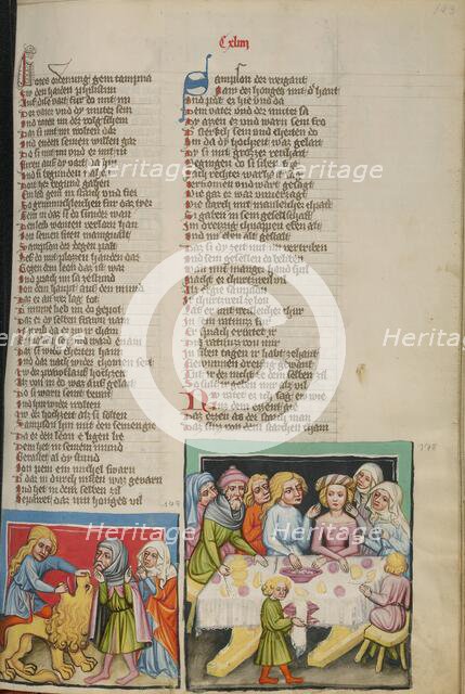 Samson Killing a Lion: Samson's Wedding; Weltchronik, about 1400-1410. Creator: Unknown.