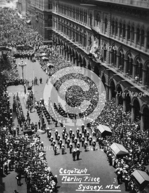 Parade at the Cenotaph, Martin Place, Sydney, New South Wales, 1945 or 1946. Artist: Unknown